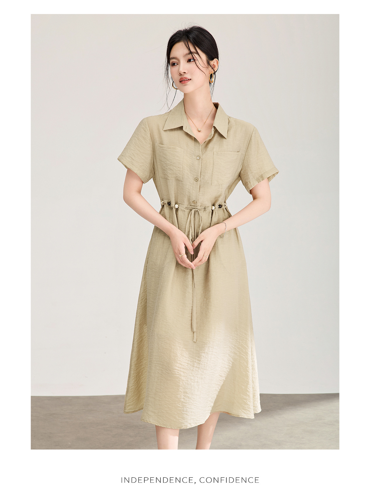 Đầm sơ mi nữ dáng suông chất liệu linen phối cườm nhẹ — màu xanh navy chi tiết 18