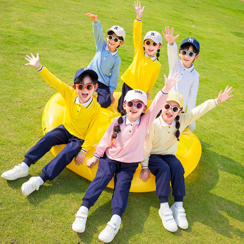 Summer College Style Girls' School Uniform Dress Set Blue Set Pure Cotton Long Sleeve Top and Pants