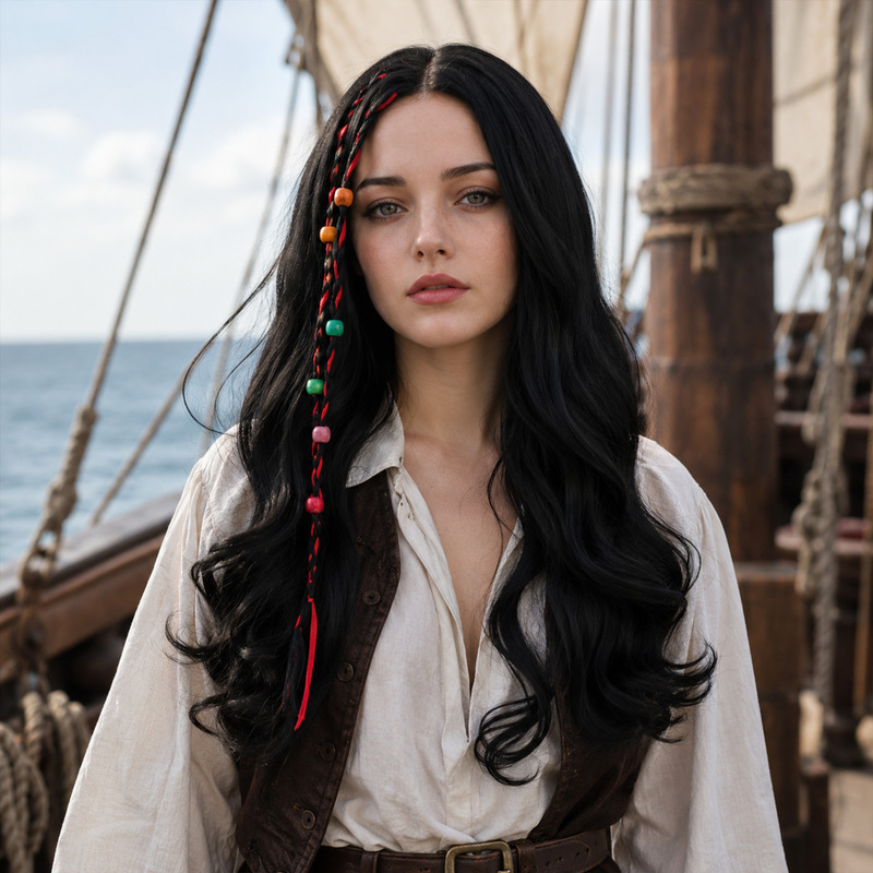 Cosplay pirate braided black long curly wig, Halloween female pirate cosplay wig, party costume performance wig Cosplay pirate braided black long curly wig, Halloween female pirate cosplay wig, party costume performance wig