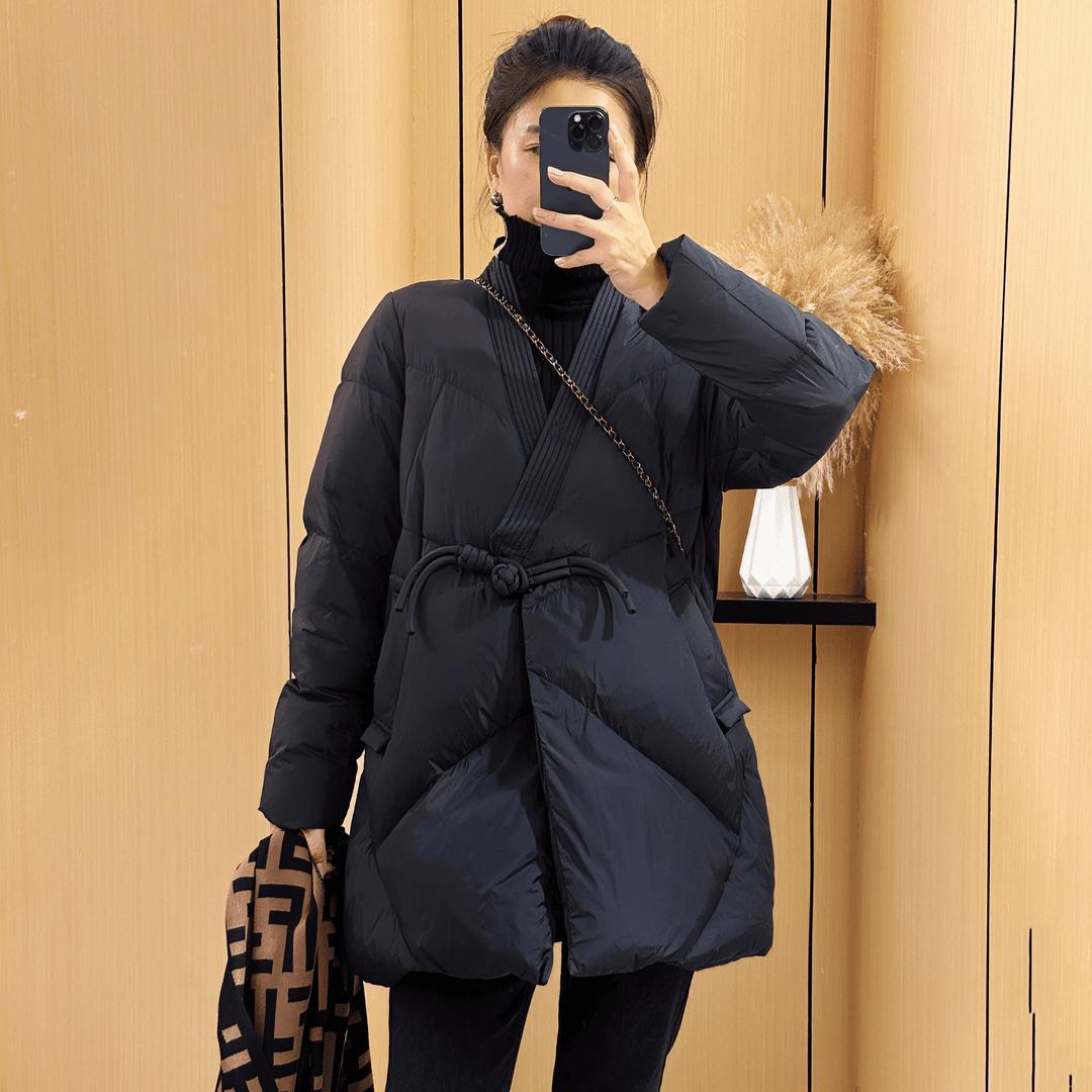 Long winter retro keep warm down jacket, mid-length, V-neckline