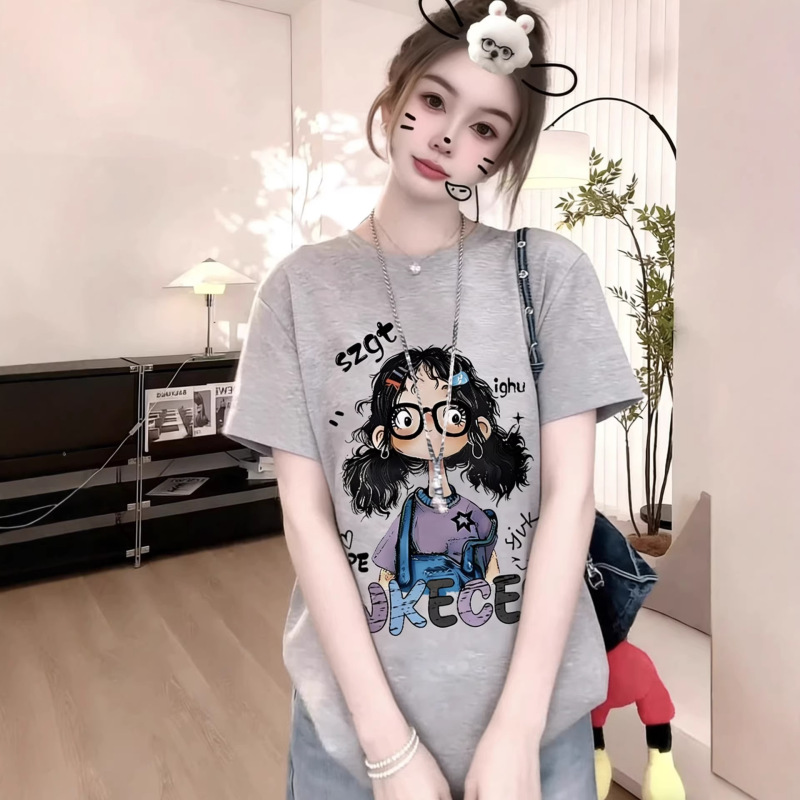 Plus-Size Pure Cotton Graffiti Cute Girl Short-Sleeve T-Shirt for Women, New Summer Cartoon Design, Age-Reducing Fashion Versatile Top