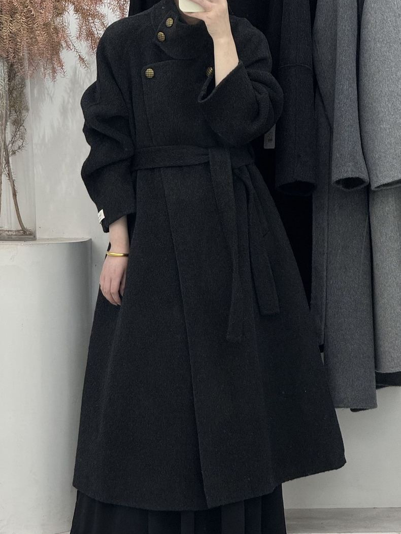 Lanyu Bay 2025 Long-Sleeved New Stand-Up Collar Double-Sided Wool Outwear Women's Long Lace-Up Cashmere Outwear