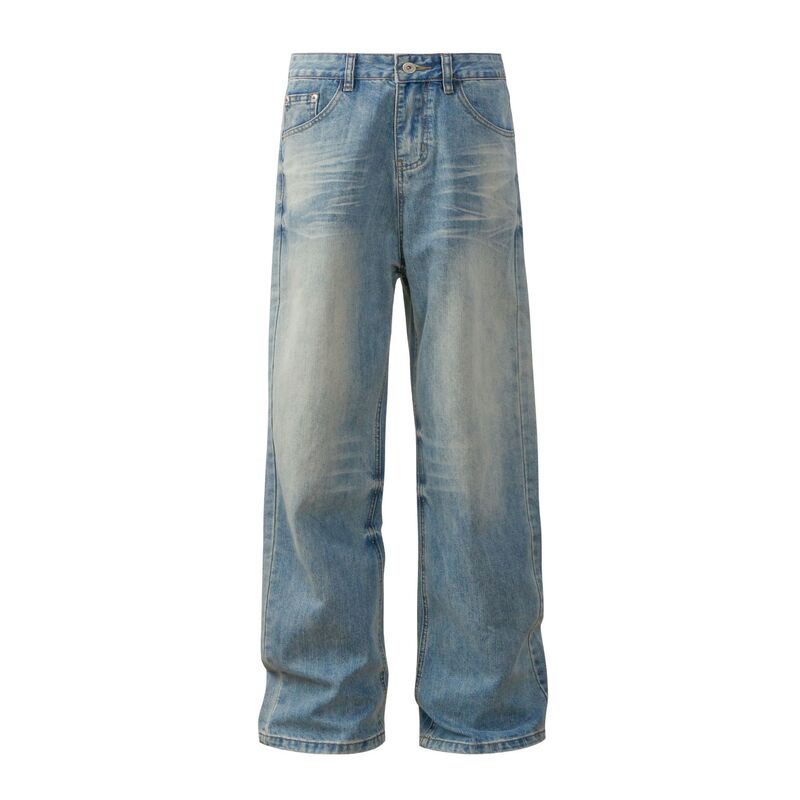 1006-2024 Fall/Winter New Hong Kong Style Simple Light Color Street Tide Straight Washed Retro Neutral Denim Pants