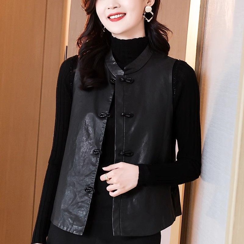 2025 New Leather Vest Jacket for Women, Spring and Autumn Short Style, Chinese Style with Traditional Buttons, Suitable for Outerwear