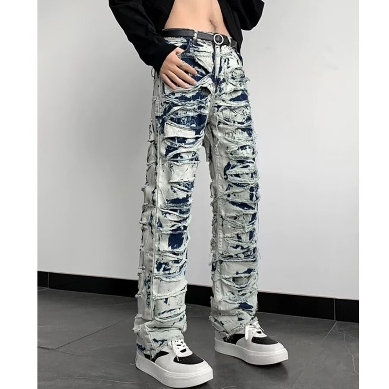 High Street Style Retro Old-style Destruction Cut-off Jeans Trendy Brand Beggar Style Double Layer Elastic Slim-fit Straight Pants for Men and Women