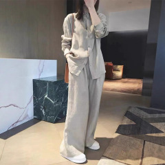 高端气质纯色亚麻衬衫套装女秋季休闲阔腿裤一整套显瘦棉麻两件套
