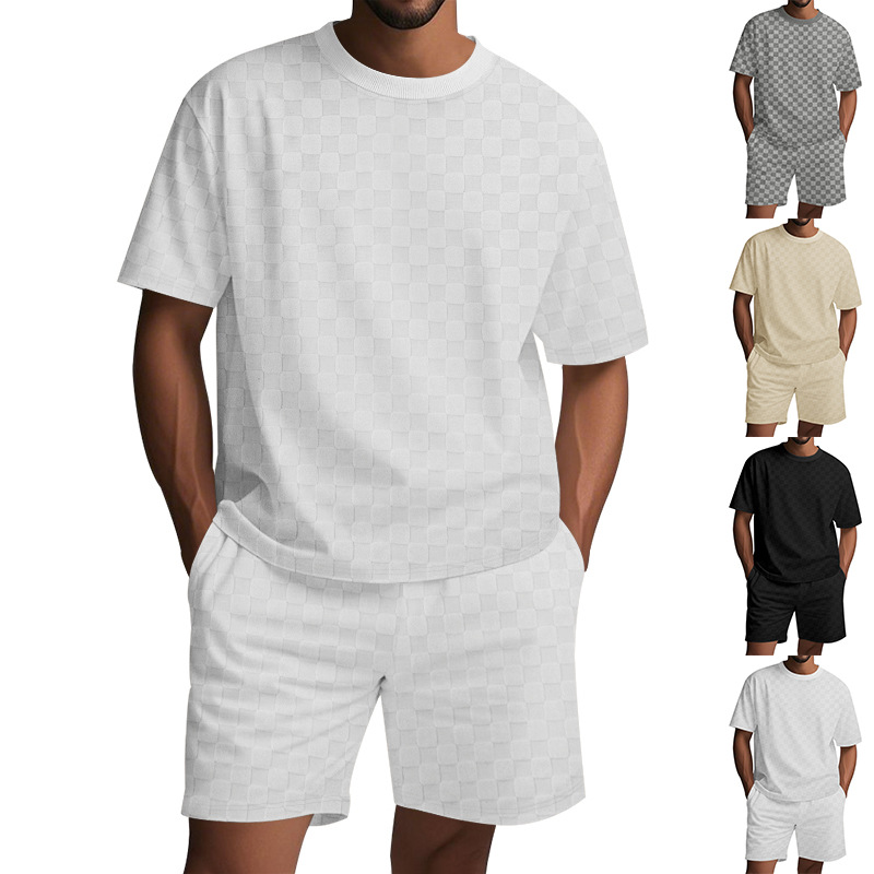 Herren-Sommeranzug, kurzärmelig, lässig, einfarbig, europäisch-amerikanischer Stil, Jacquard-Karomuster_voghion.com
