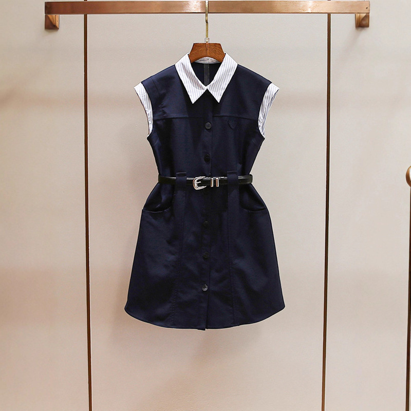 Shenzhen Nanyou Classy Women's Summer New French Contrast Stripesd Lapel Fake Two-Piece A-Line Suit Dress