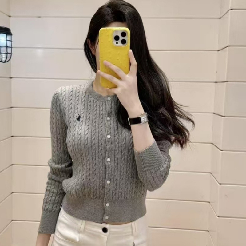 High-Quality Rl Fine Linen Knitted Sweater Classic Pony Embroidered Round Neck Cardigan Elegant Versatile Top for Women