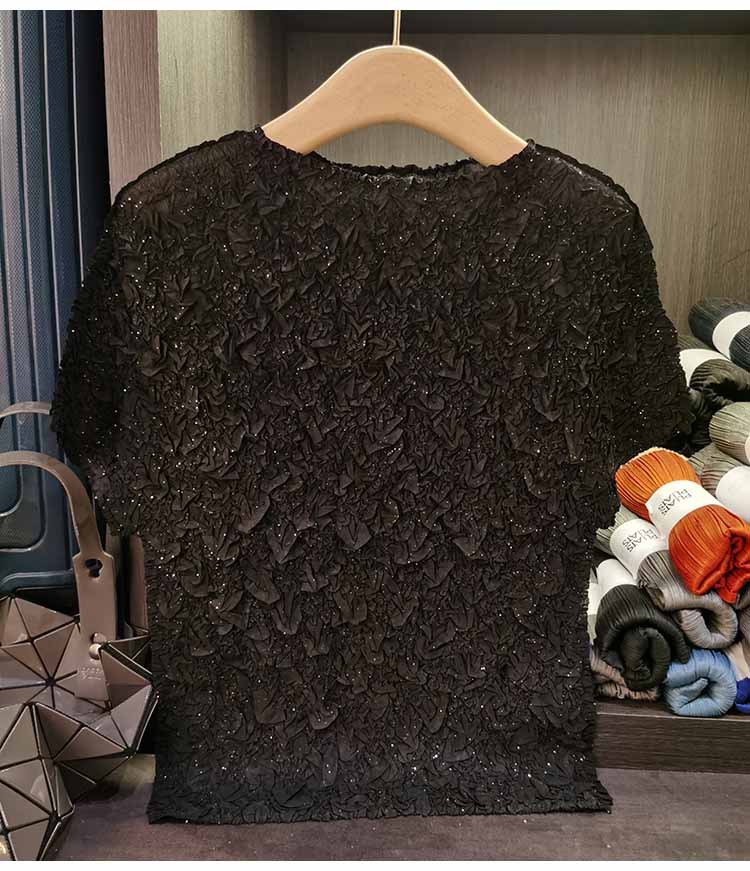 Áo thun ngắn tay nữ cổ tròn xếp li dập nổi kim cương, chất liệu cotton phối polyester, form suông thoải mái, phù hợp đi làm và dạo phố mùa hè — Màu hồng, Màu xanh lá, Màu mơ chi tiết 32