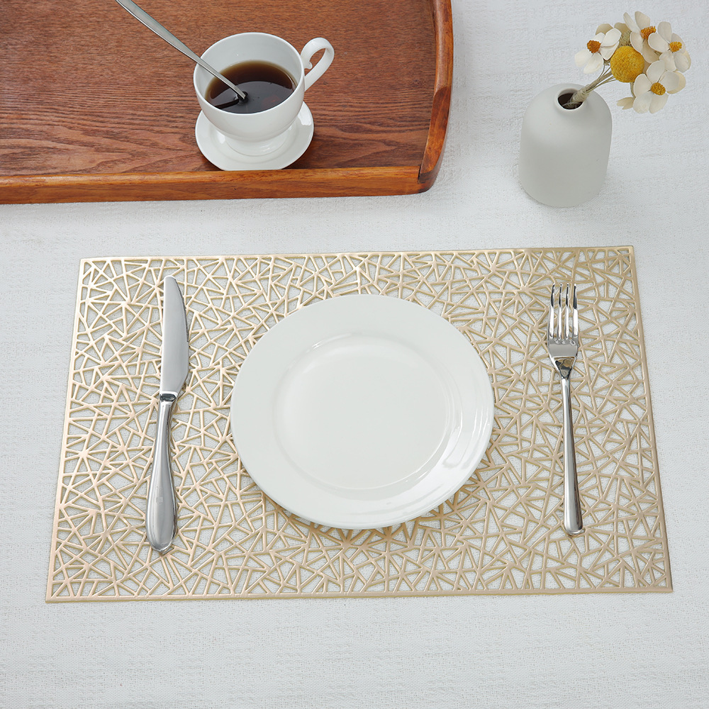 Geométrico hueco placemat multicolor dorado PVC Western placemat oro y plata decorativo posavasos antideslizante aislamiento estera lavable