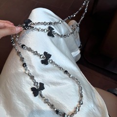韩系手机挂绳黑色蝴蝶结手机链斜挎可背带发防丢长款串珠相机链条