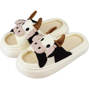 Y 58143 Cow Linen Slippers Women Indoor Home Slippers ��ţ��