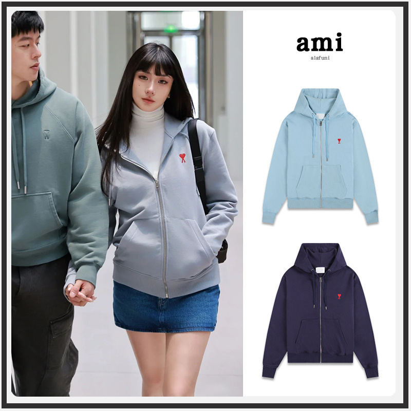 Cross-Border! Ami Zip-Up Hooded 2025 New Style Sweatshirt Trendy Brand Heart Embroidery Cardigan Sports Top Outerwear