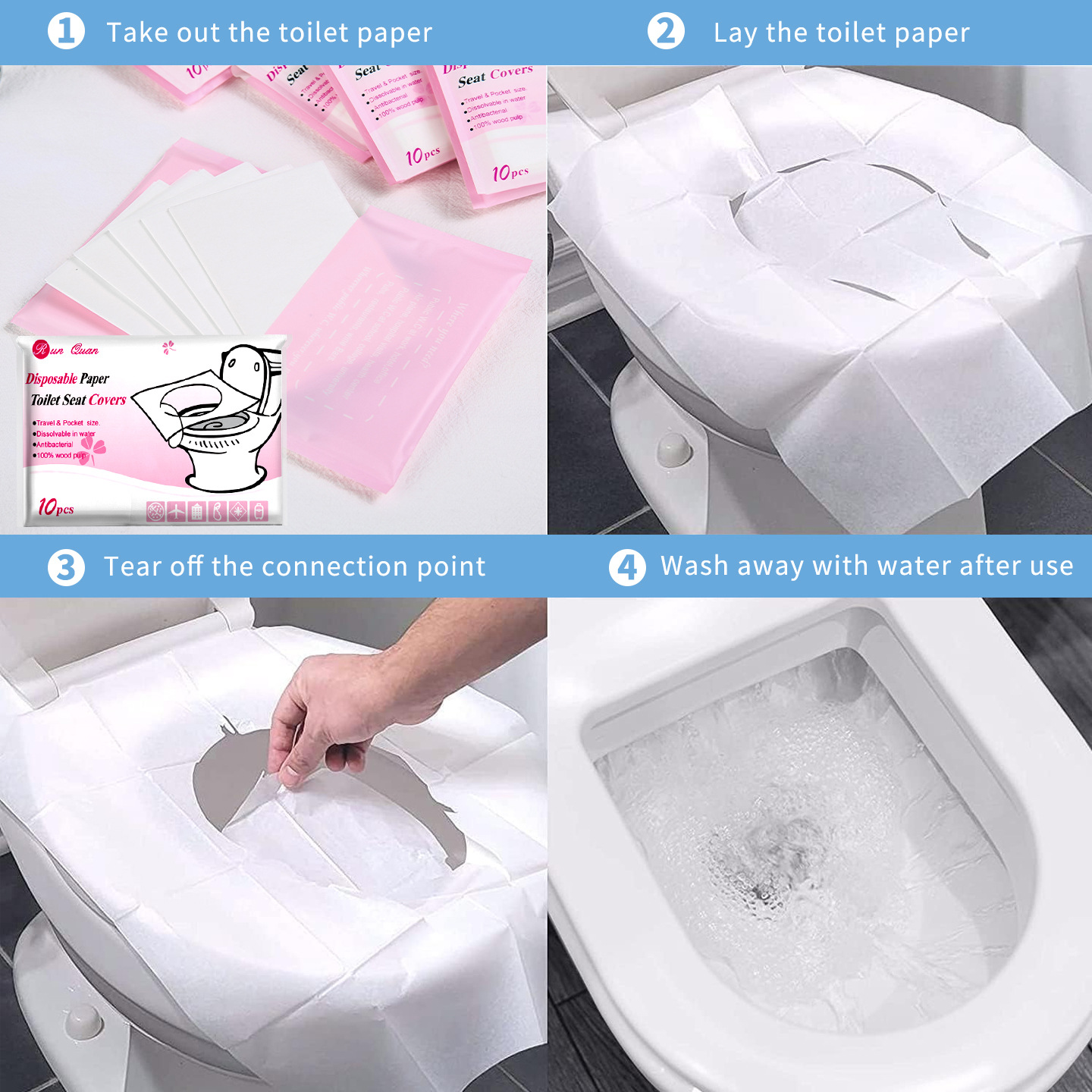 Fundas desechables para asientos de inodoro, de pulpa de madera pura soluble en agua, portátiles y de una sola capa, para uso transfronterizo.