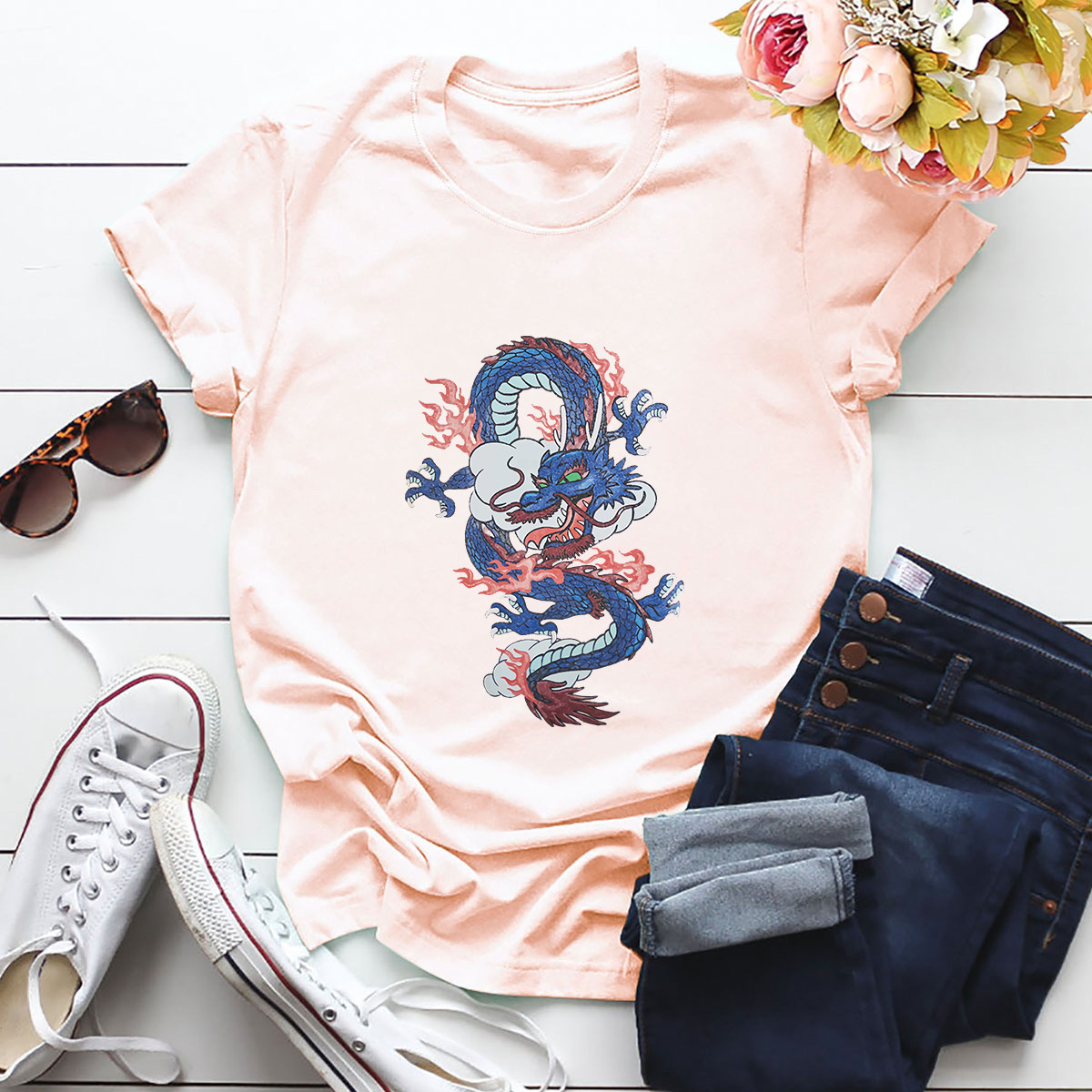 camiseta de mujer de manga corta con estampado de dragón NSSN30859