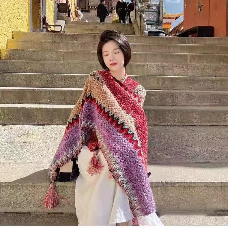 Этническое плащ-пальто, шерстяной knitted плащ, подвеска ручной работы с кисточками для путешествий
