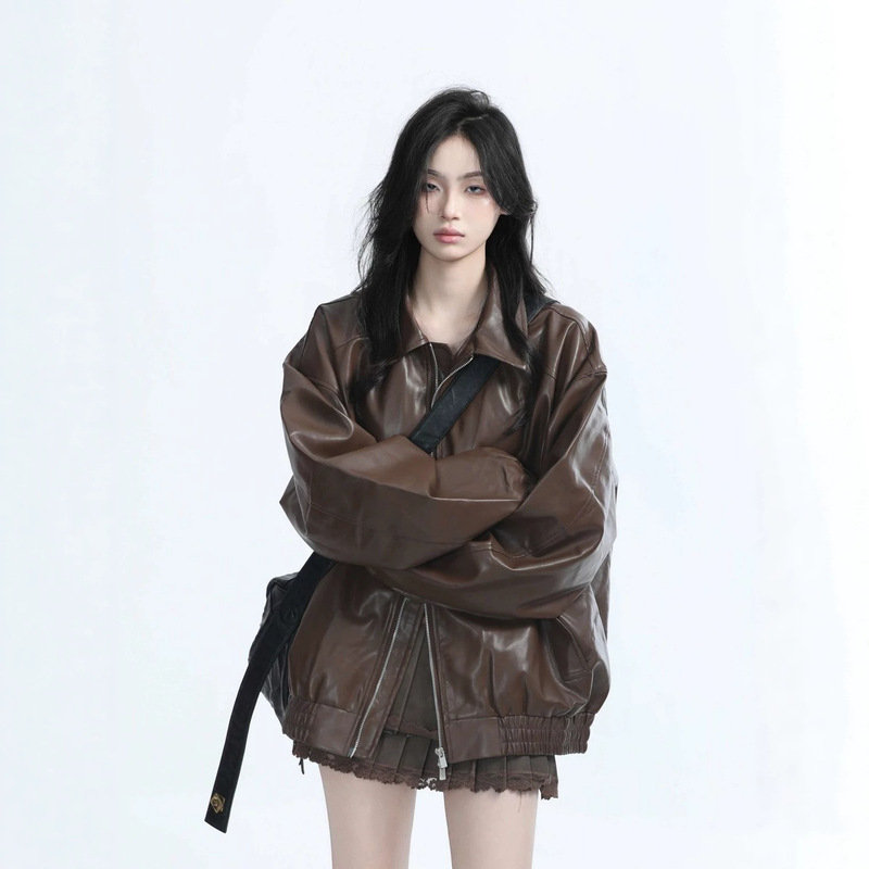 2026 New Maillard Brown Motorcycle PU Leather Jacket for Women, Autumn American Retro Loose Fit Jacket with Trendy Print