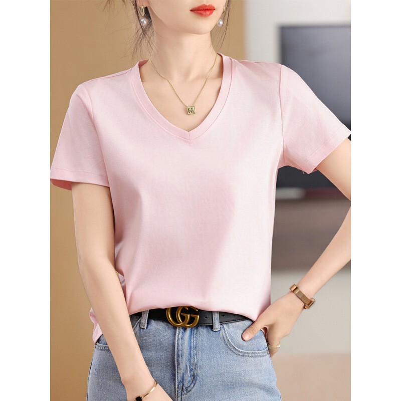 Combed 80-Count Mercerized Cotton Short-Sleeve T-Shirt for Women, Loose Fit, Round Neck, Slimming, Short-Sleeve V-Neck White Top for Women Combed 80-Count Mercerized Cotton Short-Sleeve T-Shirt for Women, Loose Fit, Round Neck, Slimming, Short-Sleeve V-Neck White Top for Women