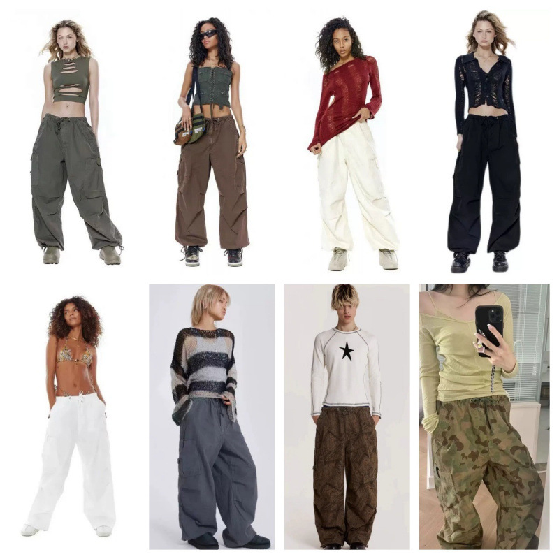 Jaded London brown cargo pants, vintage style, drawstring cuffs, casual wide-leg trousers, unisex.