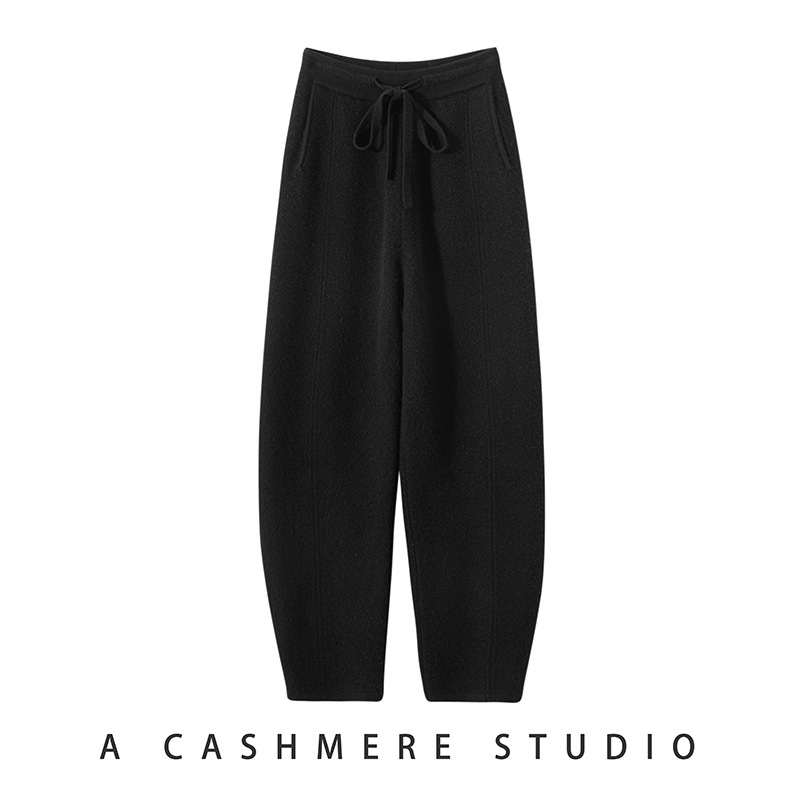 큰 무게 두꺼운 캐시미어 바지 여성용 외부 착용 바나나 바지 니트 따뜻한 할란 바지 스타일리시 한 탄성 허리