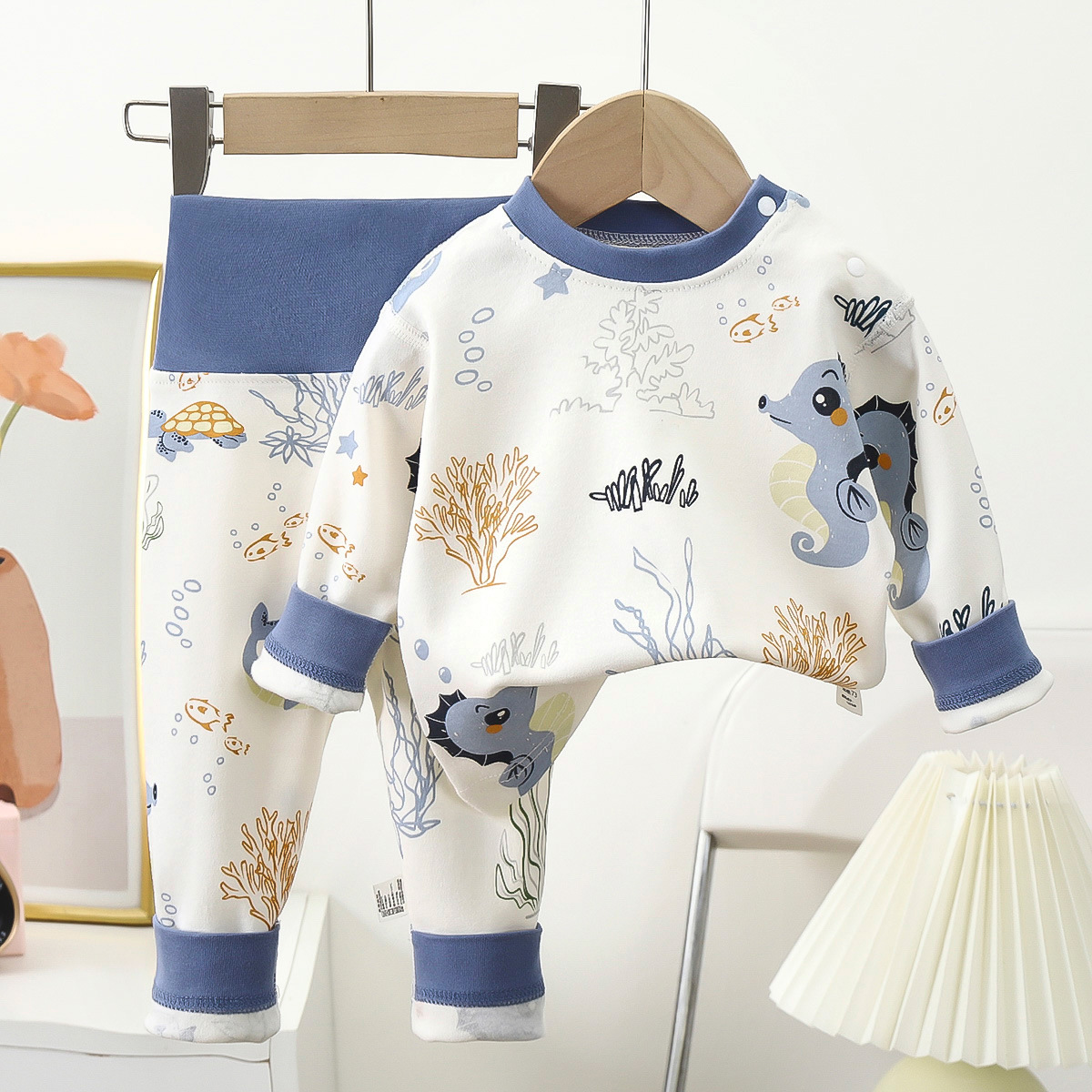 Spring and Autumn Children's High Waist Belly Protection Underwear suit Pure Cotton Boneless Pajamas Baby Boys and Girls Autumn Clothes Autumn Trousers Base Children's Clothing