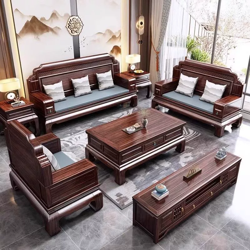 Черно-золотая деревянная цельная деревянная комбинация дивана новая китайская вилла гостиная большая квартира зимняя и летняя антикварная резная мебель