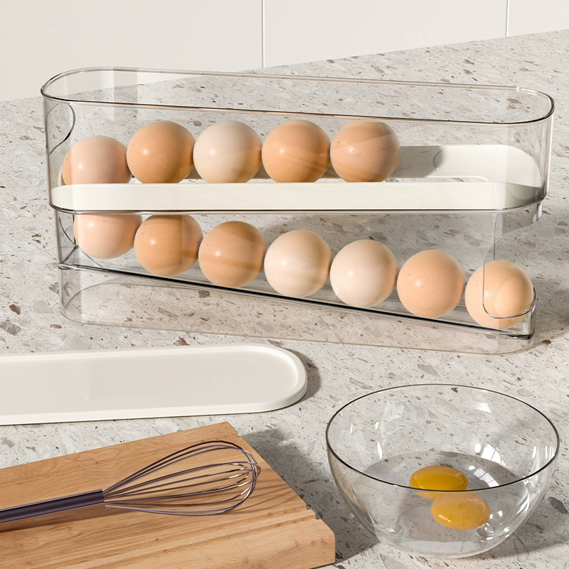 Egg storage box automatic roll-down refrigerator side door egg tray food-grade finishing and fresh-keeping high-transparency plastic egg rack