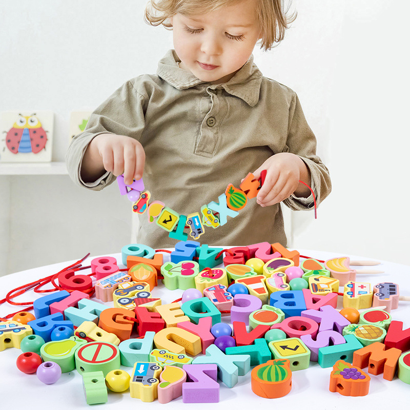 木质串珠子穿绳线积木儿童动物水果数字字母认知早教益智启蒙玩具