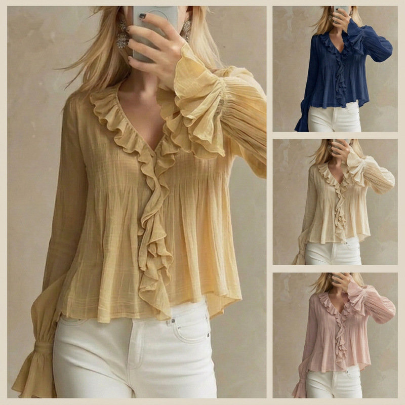 2026 European and American Cross-Border Sweet Style Ruffled Thin Shirt for Women, Summer and Early Autumn Versatile Flared Long-Sleeve Top 2026 European and American Cross-Border Sweet Style Ruffled Thin Shirt for Women, Summer and Early Autumn Versatile Flared Long-Sleeve Top