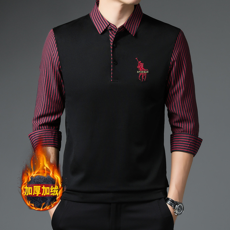 Fleece-lined Thickened T-shirt Men's Autumn and Winter New Shirt Collar Fake Two-piece Dad's Men's Warm Top Base Shirt
