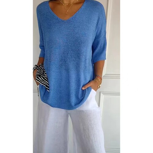 European and American knitted sweater casual sweater multi-color basic style slimming V-neck solid color knitted sweater women's base