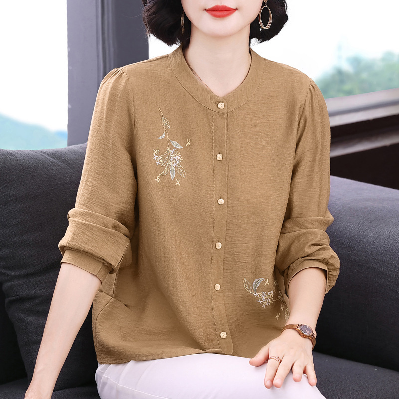 Mother's clothing 2026 new model long-sleeve women's shirt with embroidery, high-end niche design, loose and slimming patchwork top for women