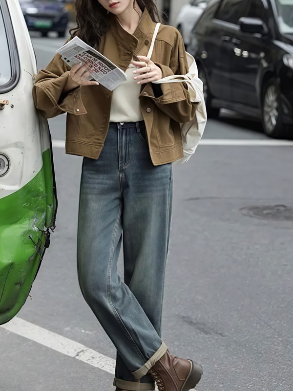 时尚百搭牛仔短外套女2025年秋季新款设计感宽松立领工装夹克上衣|undefined