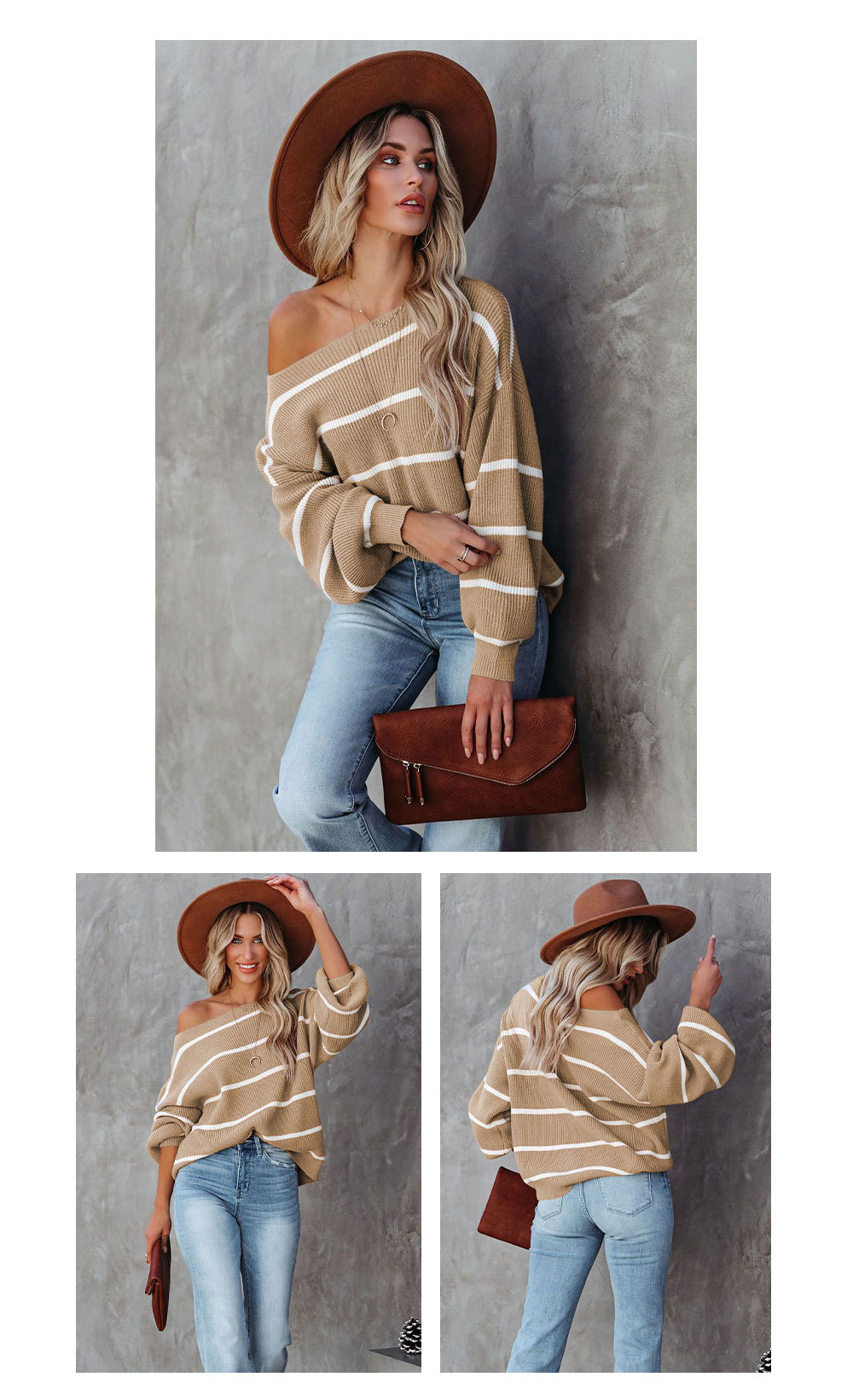 long-sleeved off-the-shoulder loose striped knitted sweater NSWJY137498