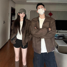 美式复古情侣装棕色棒球服外套2025新款秋冬PU皮宽松高级感开衫女