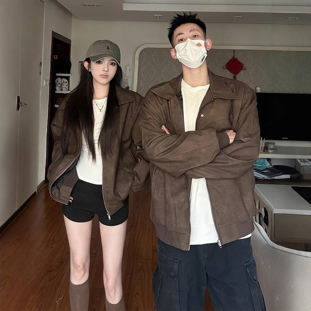 美式复古情侣装棕色棒球服外套2025新款秋冬PU皮宽松高级感开衫女
