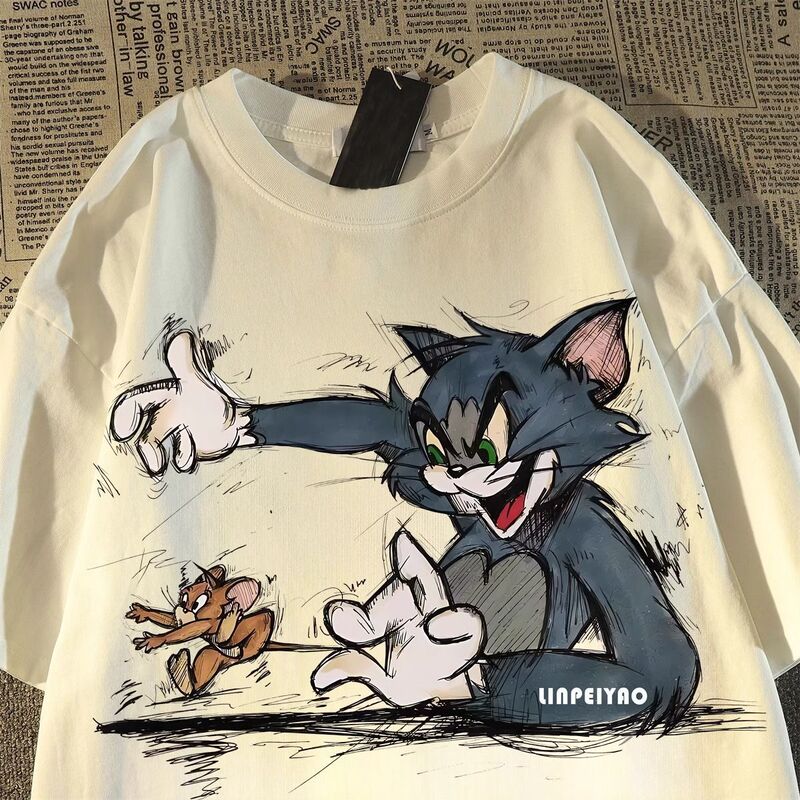 Summer 2024 New Fashion Brand Ins Cartoon Cat and Mouse Printed Short-sleeved T-shirt Men's Half-sleeved T-shirt Top 12
