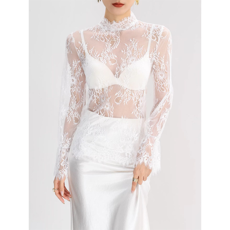Half-High Collar White Lace Mesh Base Shirt Layered with a Stunning Lace Transparent Top for Women, Offering a Light Luxury and High-End Feel