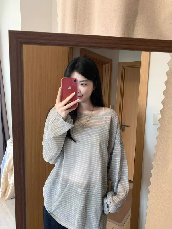 韩系条纹圆领防晒长袖针织T恤女装夏季新款韩系宽松薄款罩衫上衣|undefined