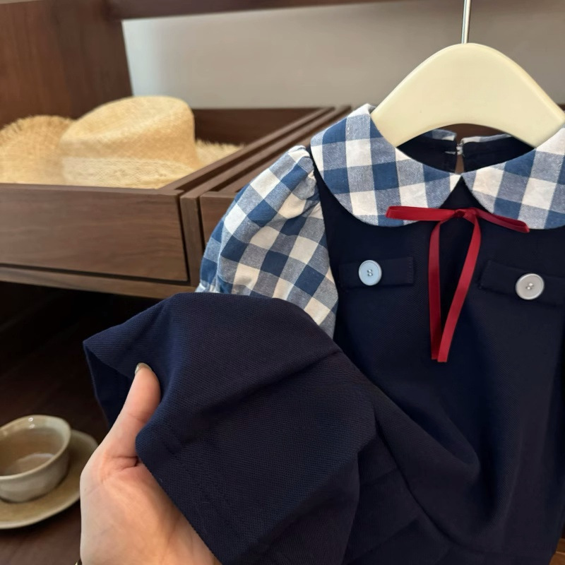 Colegio San Martín! Tesoro femenino estilo universitario azul plaid muñeca cuello arco plisado lindo vestido de princesa dulce marea