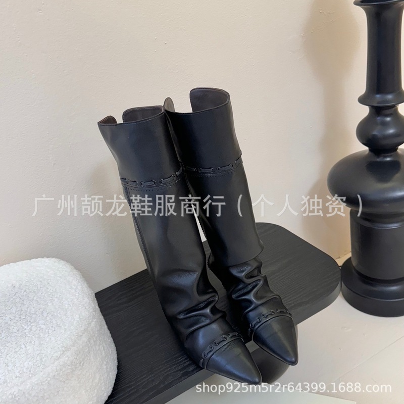 高版小众2025秋冬真皮尖头复古可折叠两穿流苏长筒靴褶皱堆堆靴女|undefined