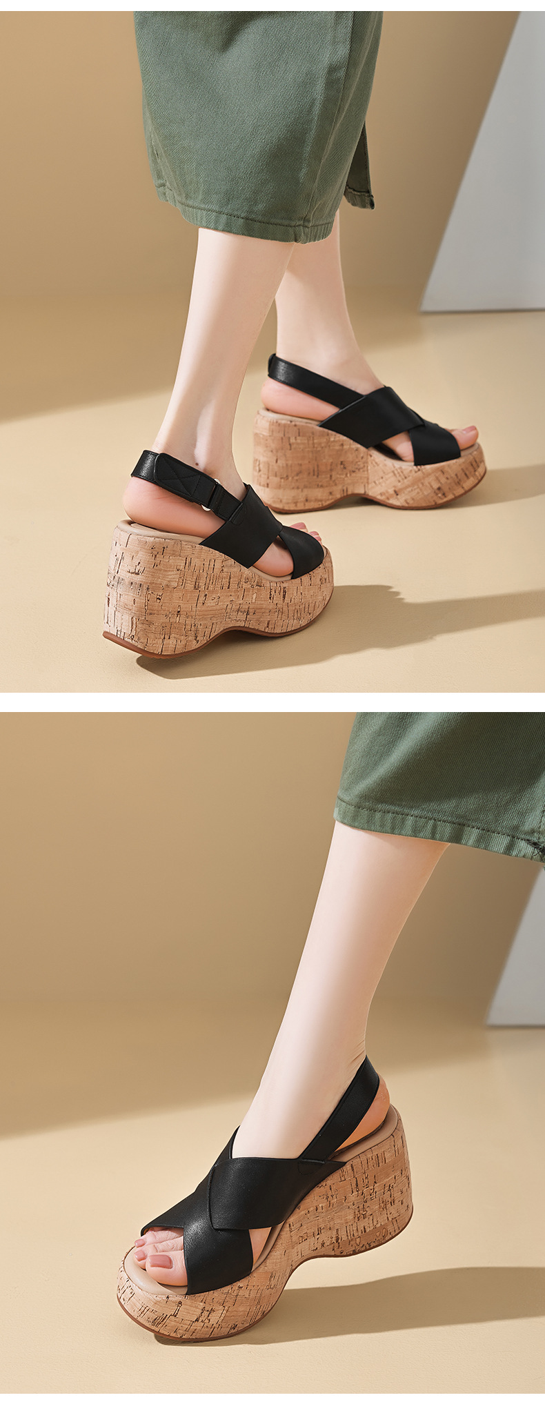 Sandal cao gót nữ quai chéo hở mũi đế xuồng 10cm da bò thật phong cách La Mã — màu đen, màu trắng ngà chi tiết 9