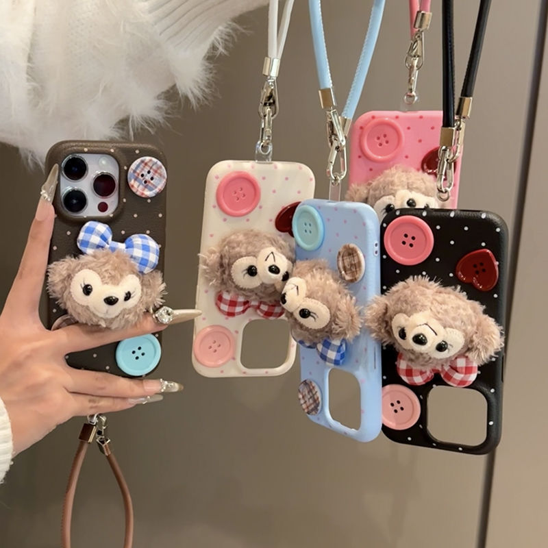 可爱毛绒雪梨公仔皮绳适用iphone16/15皮革纹手机壳苹果14保护套