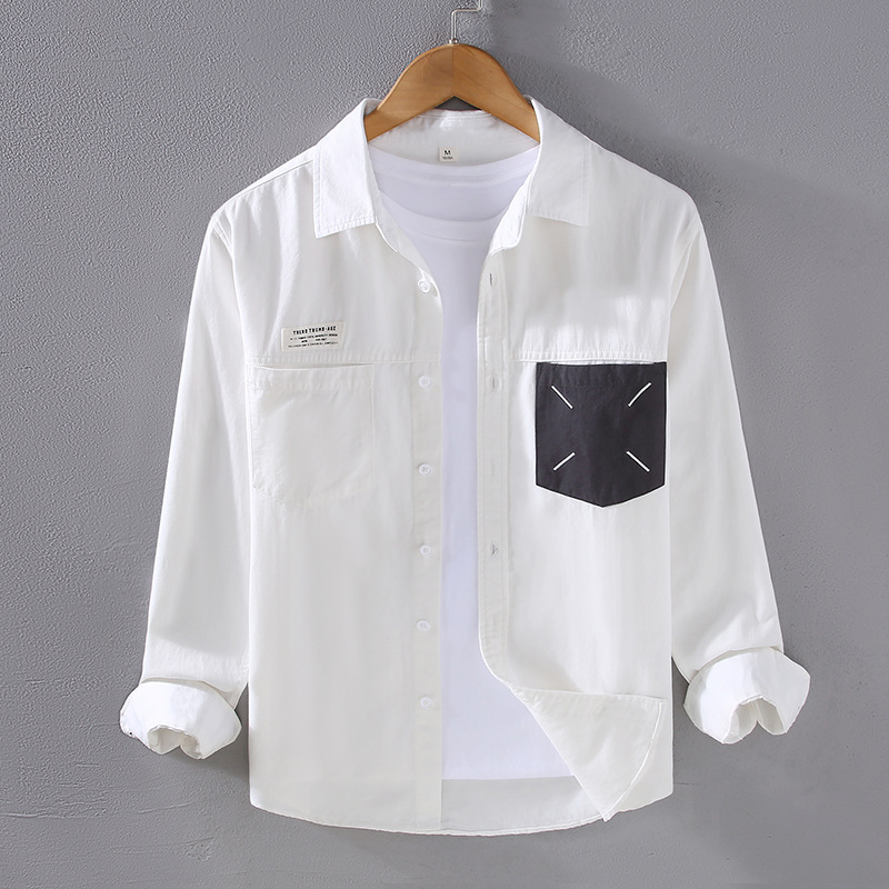 Design artistico minimalista di nicchia da uomo con camicia casual con patch in stile coreano, cappotto versatile e alla moda da uomo, camicia a maniche lunghe_voghion.com