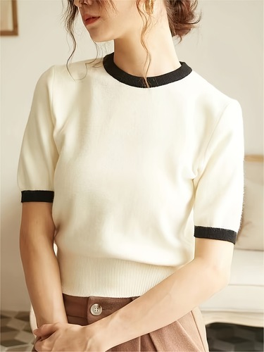 Contrast Trimming Knitted Top T-shirt Elegant Casual Holiday