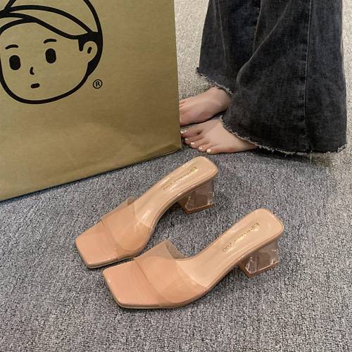 Clear Crystal Slipper for Women, Outdoor Wear, Summer, Thick High Heel, Square Toe, Open Toe, Summer Outdoor Slipper for Women