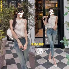 自带丰胯垫高腰浅蓝色牛仔裤女水洗磨白复古九分紧身铅笔小脚裤潮
