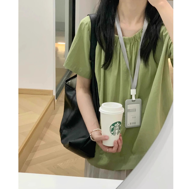 Korean Design Green Short-Sleeved Shirt Women's Summer Blouse Chic and Beautiful Baby Doll Shirt Shirt Back Button Top