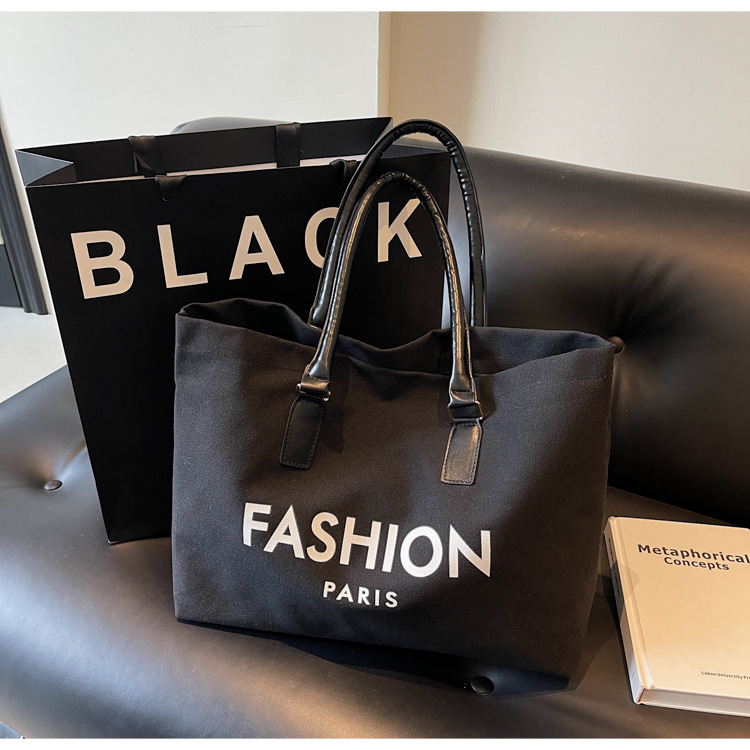 262g Weight Polyester Lining Material Open Closure Type Single Shoulder Strap Strap Type Tote Bag Bags Type Holiday, Daily Occasion Canvas Material Letter Pattern All Seasons Season Women's Gender Classic Style Style Square Shape Large Size Women's Large Canvas Letter Classic Style Square Open Tote Bag 5